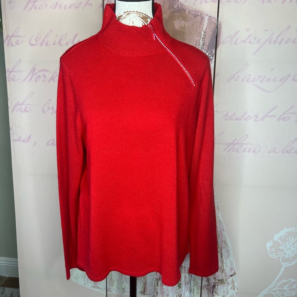 Mercer Street Red Rhinestone Zip Turtleneck Acrylic Sweater Size Large NWT